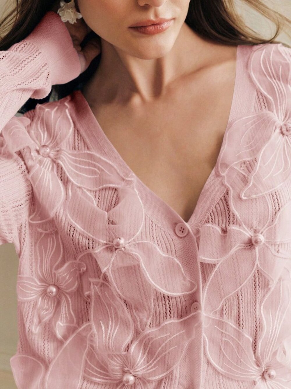 Pink Casual Women's Elegant Knitted Long Sleeve Pearl Floral Hollow Out Cardigan